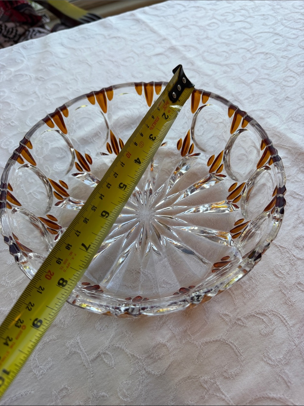 8.25” Vintage German Crystal Decorative Bowl with Amber Accents - Picture 4 of 11
